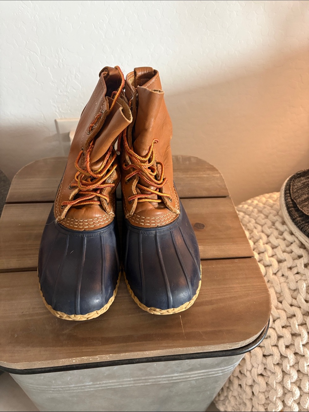 L.L. Bean Brown Leather and Navy Rubber Duck Boots